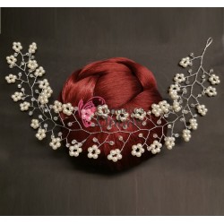 Accesoriu modern pentru decor par WED18 Argintiu cu cristale si perle de 35cm